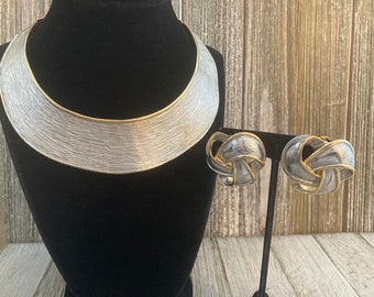 Exquisite VO/Les Bernard Signed Vintage 1980's Massive Silver And Gold Hinged Collar necklace And Clip Earring Set