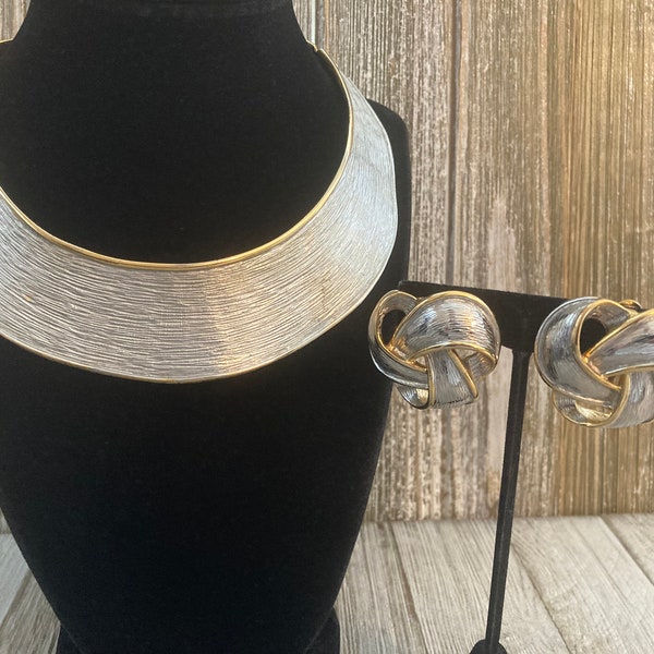 Exquisite VO/Les Bernard Signed Vintage 1980's Massive Silver And Gold Hinged Collar necklace And Clip Earring Set