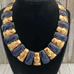 Stunning MONET Vintage 1980&#39;s Massive Navy And Gold Modern Couture Statement Collar Necklace