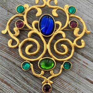 Stunning DAUPLAISE Signed 1990&#39;s Massive Gold With Multicolored Cabochons Gripoix Look Statement Brooch
