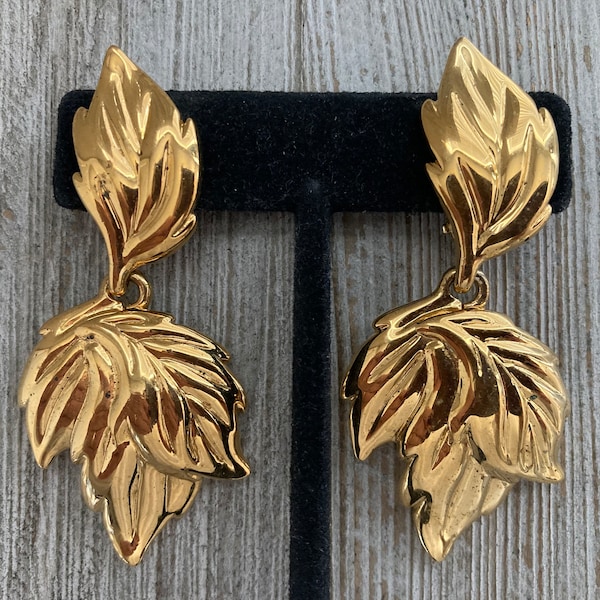 Beautiful Vintage 1980's New Old Stock Large Gold Dangling Leaf Shaped Runway Statement Clip Earrings