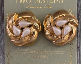 TWO SISTER'S Vintage 1990's New Old Stock Gold With Faux Pearl Classic Clip Earrings