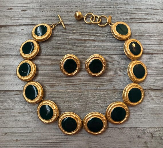 TALBOT'S Vintage 1980's-90's Green And Gold Modern Runway Collar Necklace And Pierced Earring Set