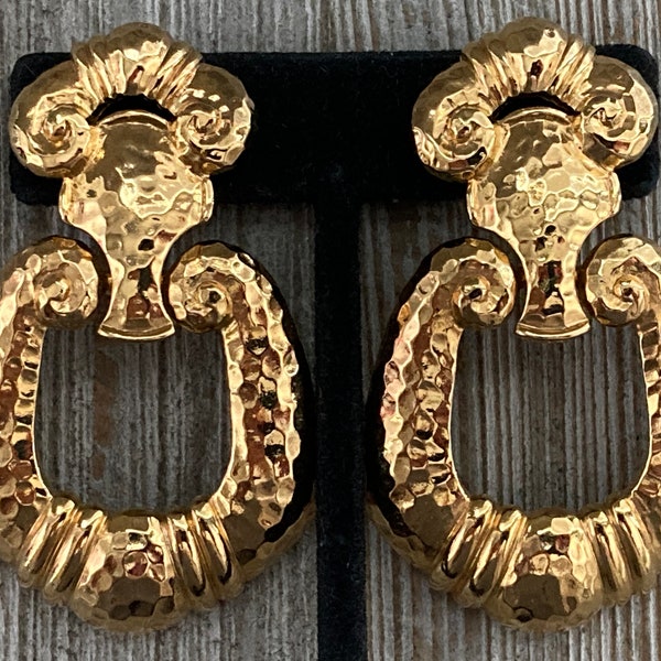 Fabulous JOSE MARIA BARRERA For Avon 1980's Hammered Gold Massive Doorknocker  Runway Statement Clip Earrings