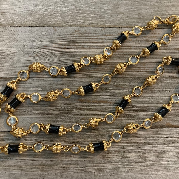 Stunning ST.JOHN Signed Vintage 1980's-90's Gold And Black With Rhinestones Modern Classic Long Statement Necklace