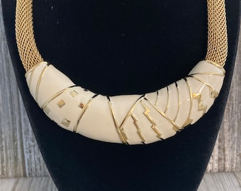 Massive MONET Vintage 1990's Gold With Beige Enamel Modern Statement Collar Necklace