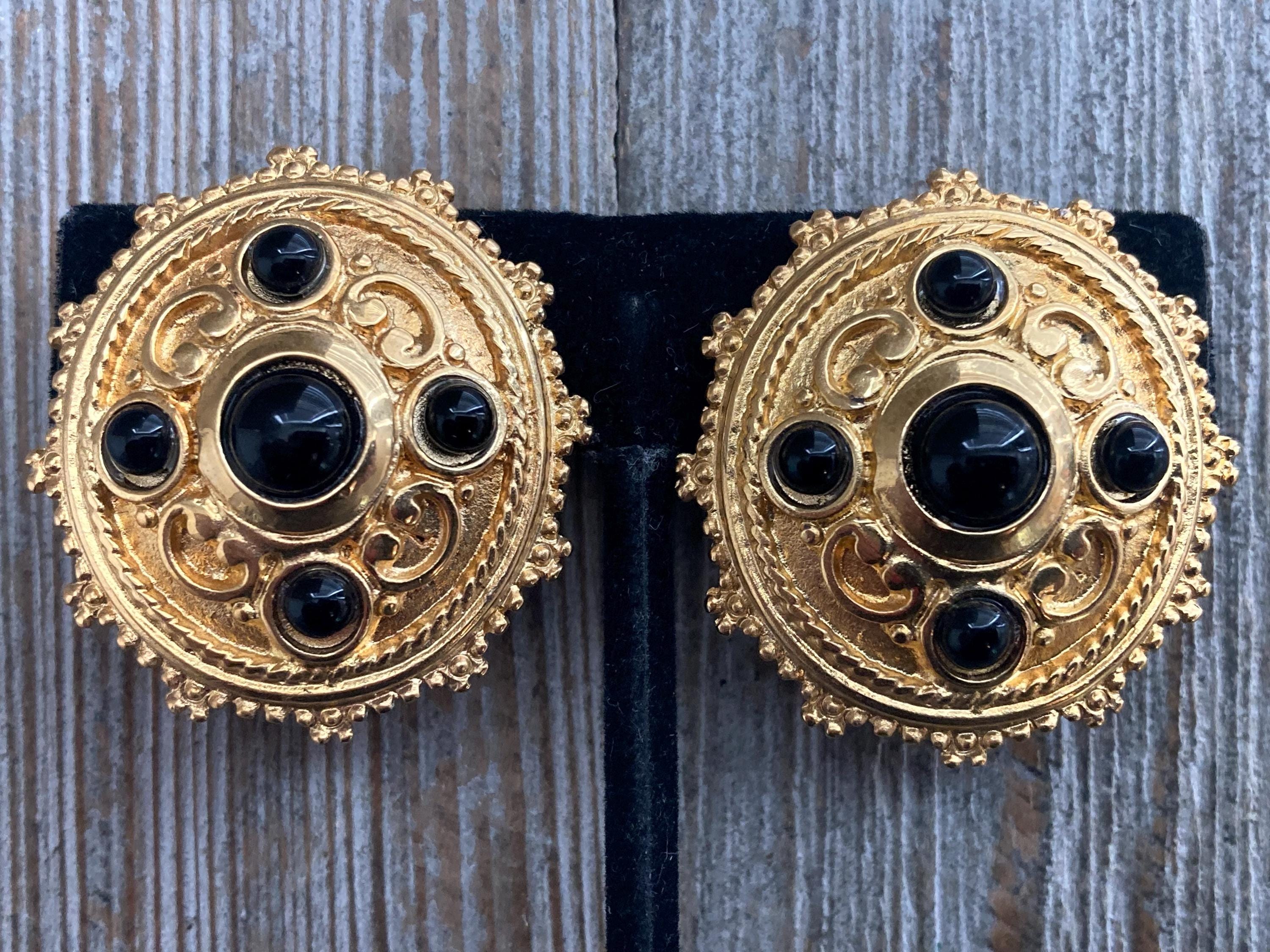 Boucles D'oreilles Clips Vintage Défilé Couture - Noir Et Or - Excellent état