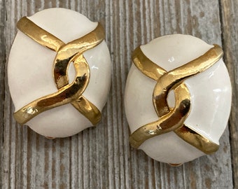 Incroyable boucles d'oreilles clip classiques NOS en blanc et or vintage des années 1980-90