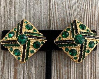 Stunning Vintage 1980's-90's Gold With Black And Green Rhinestones Classic Clip Earrings