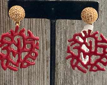 Stunning ST. JOHN  1990's NWT Red And Gold Rhinestone Coral Shaped Dangle Pierced Earrings