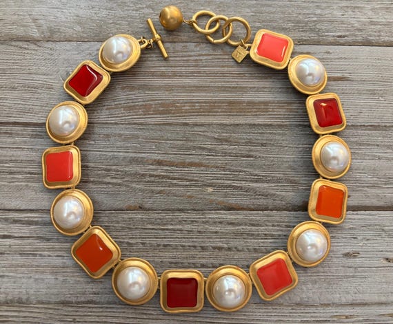 ANNE KLEIN Vintage 1990's Red and Orange With Faux Pearls Modern