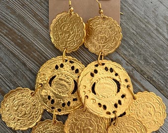 KJL/Kenneth Jay Lane New On Card 1990's Signed Massive Gold Coin Dangling Runway Pierced Earrings