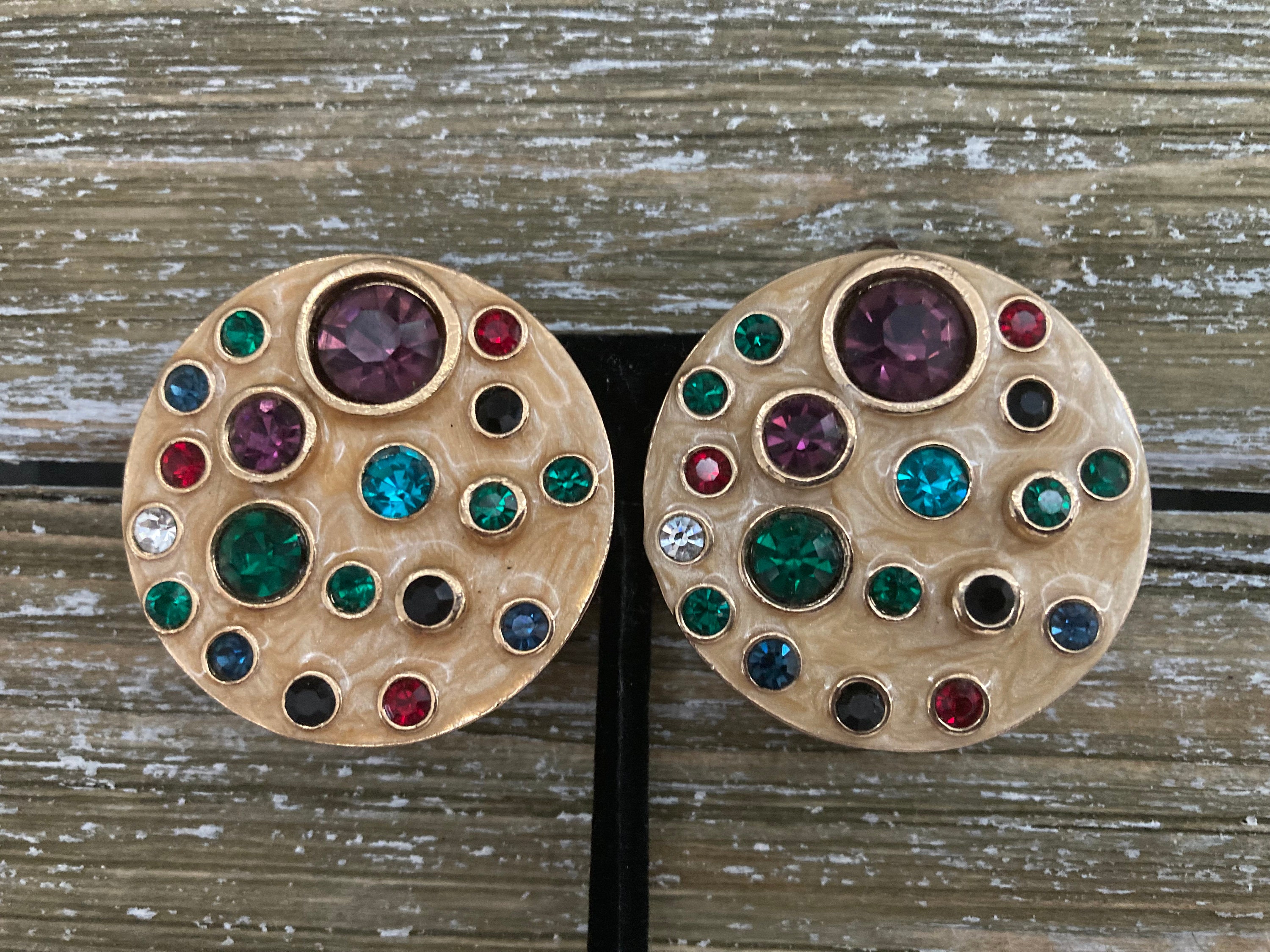 BLANCA Signed Vintage 1980's New Old Stock Gold With Multicolored Rhinestones Massive Couture Statement Clip outlet Earrings