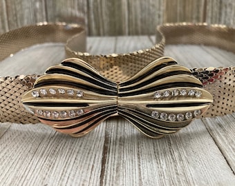Ceinture NWT Whiting And Davis vintage des années 1980-90 en maille dorée XL avec strass
