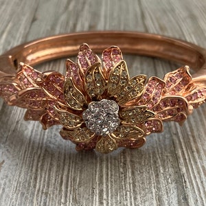 Exquisite NOLAN MILLER Signed Vintage 1980&#39;s-90&#39;s Rose Gold With Pastel Colored Rhinestones Floral Hinged Bangle Bracelet