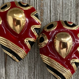 Gorgeous Vintage 1980's Gold, Red And Black Teardrop Shaped Modern Statement Clip earrings image 2
