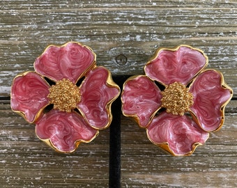 Gorgeous Vintage 1980&#39;s AVON Massive Pink & Gold Floral Classic statement clip earrings