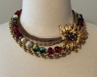 DE MARIO Vintage 1950's-60's RARE Signed Gold Multicolored Glass Beads, Rhinestone And Faux Pearls Asymmetrical Floral Statement Necklace