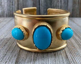 Stunning KENNETH LANE Vintage 1990's Massive Matte Gold Modern Hinged Cuff Bracelet With Turquoise Cabochons