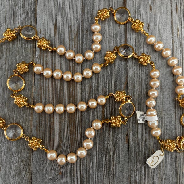 Collar largo llamativo vintage ST. JOHN de los años 90, nuevo, con perlas de imitación, oro y diamantes de imitación.