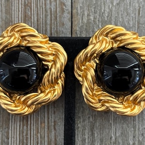 Stunning Vintage 1980&#39;s-90&#39;s Massive Gold With Black Cabochons Modern Classic Clip Earrings