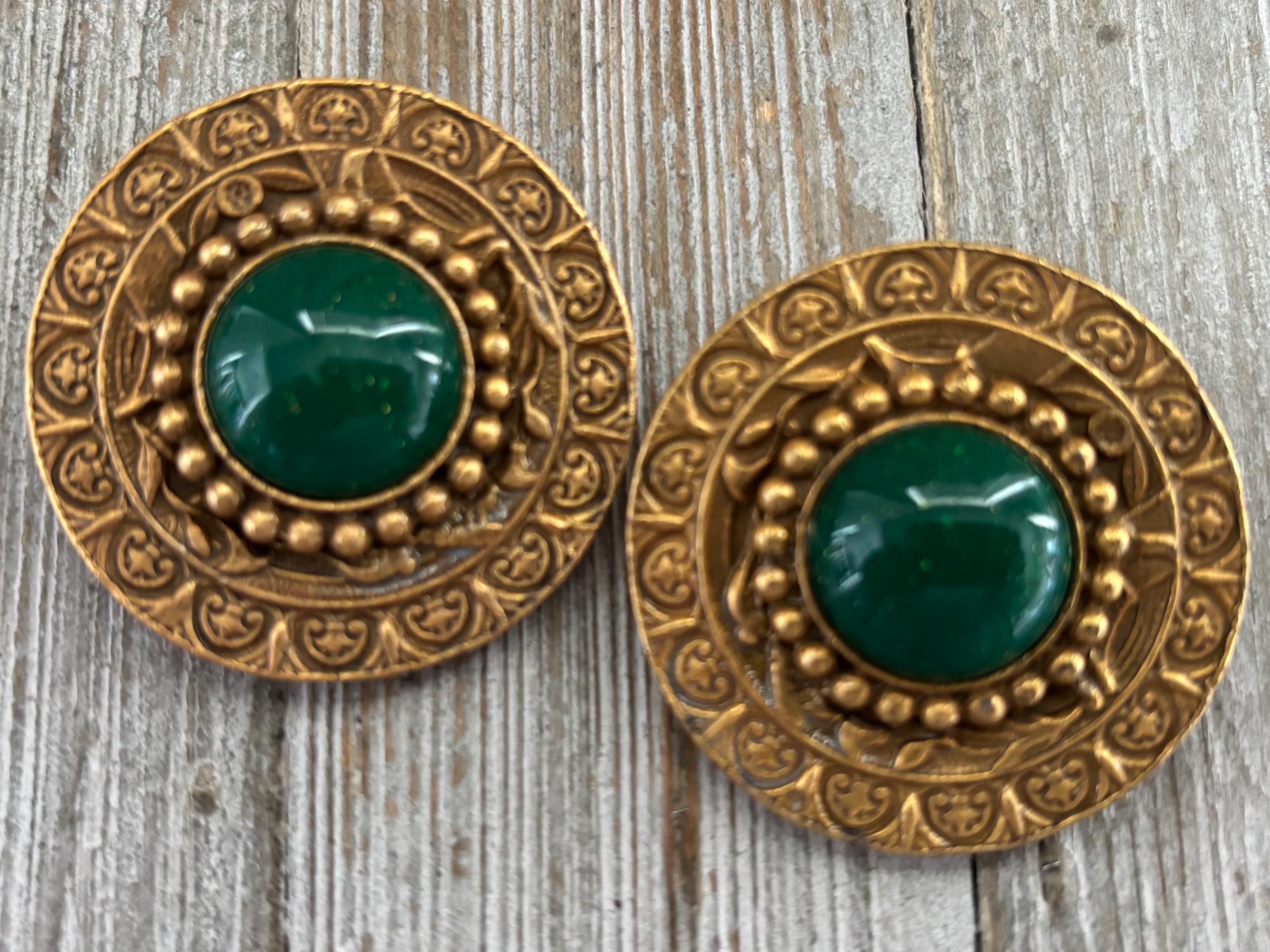 Gorgeous LES BERNARD Vintage 1980's Massive Gold And Green Round Etruscan Statement Clip Earrings