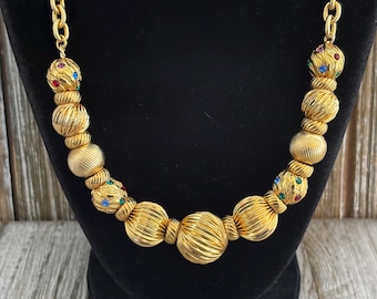 JBK/Camrose And Kross Signed Vintage 1990's Heavy Gold Ball Classic Statement Necklace With Multicolored Rhinestones