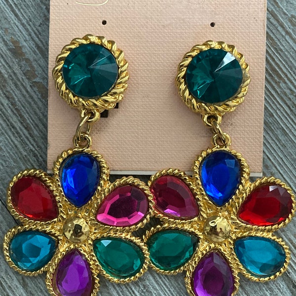 Stunning JOANN SHE Vintage 1990's New Old Stock  Massive Gold With Multicolored Rhinestones Floral Dangle Clip Earrings