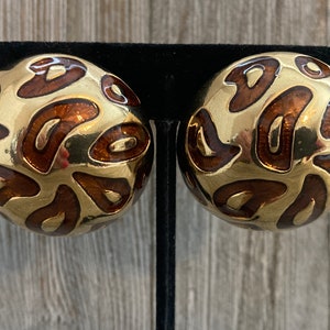 Amazing Vintage 1980&#39;s-90&#39;s Large Round Gold And Brown Modern Statement Clip Earrings