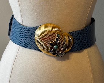 Judith Leiber Vintage Blue Snakeskin Leather Belt with Gold Statement Buckle Stunning JUDITH LEIBER Vintage 1980 main image 3