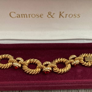 JBK/Camrose & Kross NIOB Vintage 1980's Stunning High Quality Gold Link Bracelet With Red And Clear Rhinestones