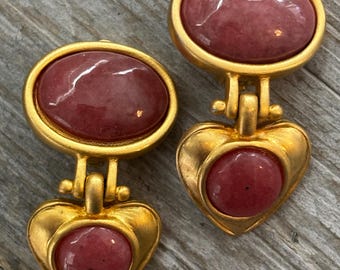 Orecchini pendenti a clip vintage a forma di cuore color malva e oro firmati ANN TAYLOR, anni '90-'00.