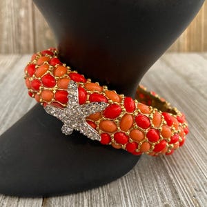Exquisite KJL/Kenneth Lane Signed Vintage 1990&#39;s Orange And Gold Hinged Bangle Bracelet With Rhinestone Starfish