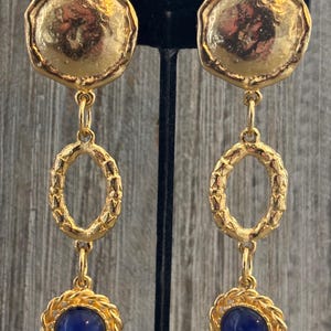New Old Stock Vintage 1990&#39;s Long Gold Dangle Runway Clip Earrings With Blue Cabochon