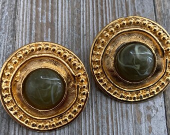 Fabulous Vintage 1990&#39;s Round Gold With Green Cabochons Classic Statement Clip Earrings