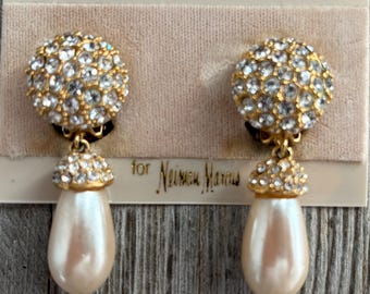 Stunning ST. JOHN Vintage 1990's New Old Stock Classic Gold Clip Earrings With Rhinestones And Faux Pearls