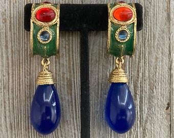 NOS Vintage 1990's Massive Green, Red And Blue Moghul Dangle Runway Clip Earrings