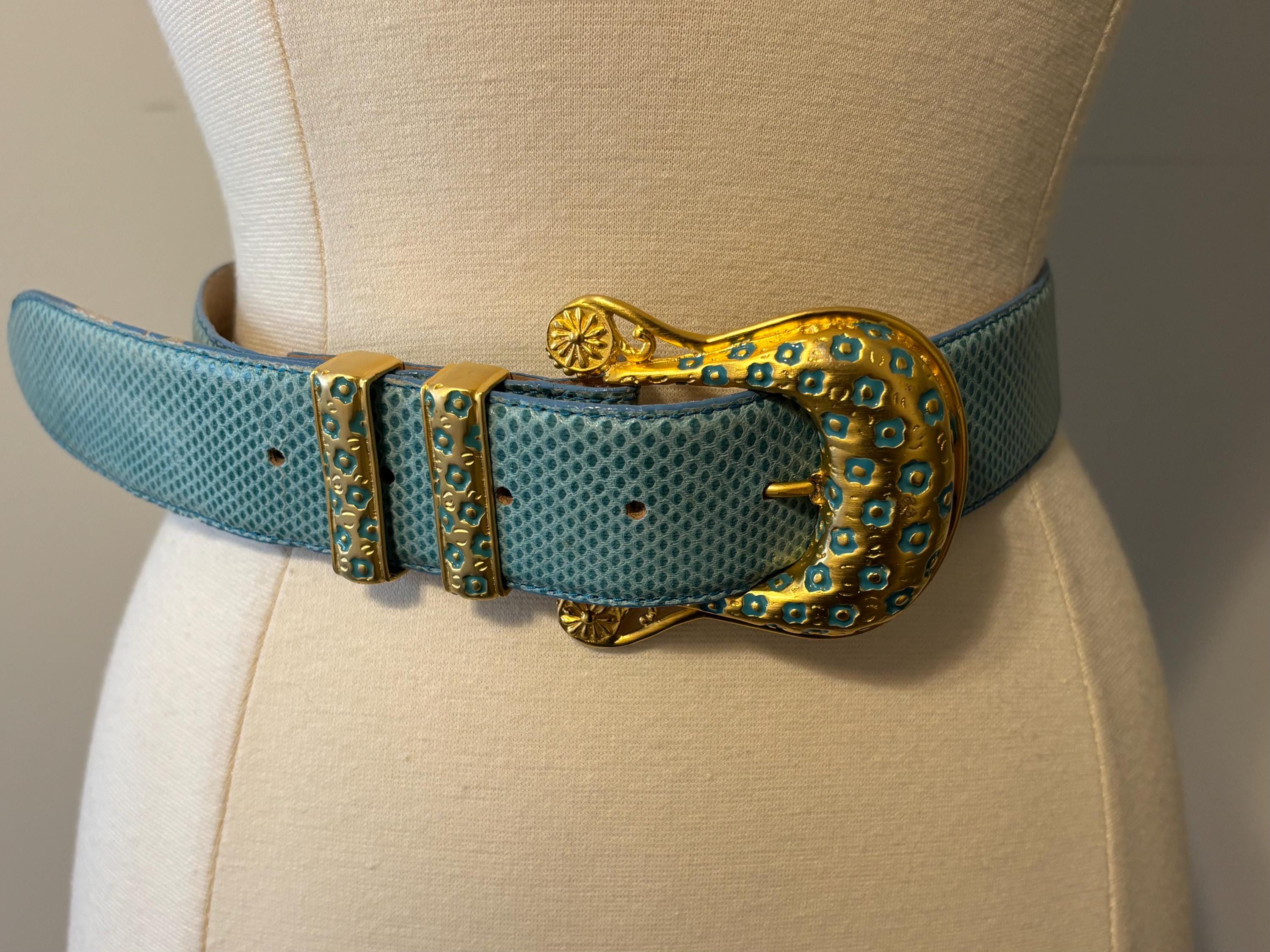 Vintage SHEKA by Faco Blue Genuine Snakeskin‎ Belt Gold Buckle Made in Taiwan 2X Snakeskin Gold Belts for Women for sale | eBay main image 2