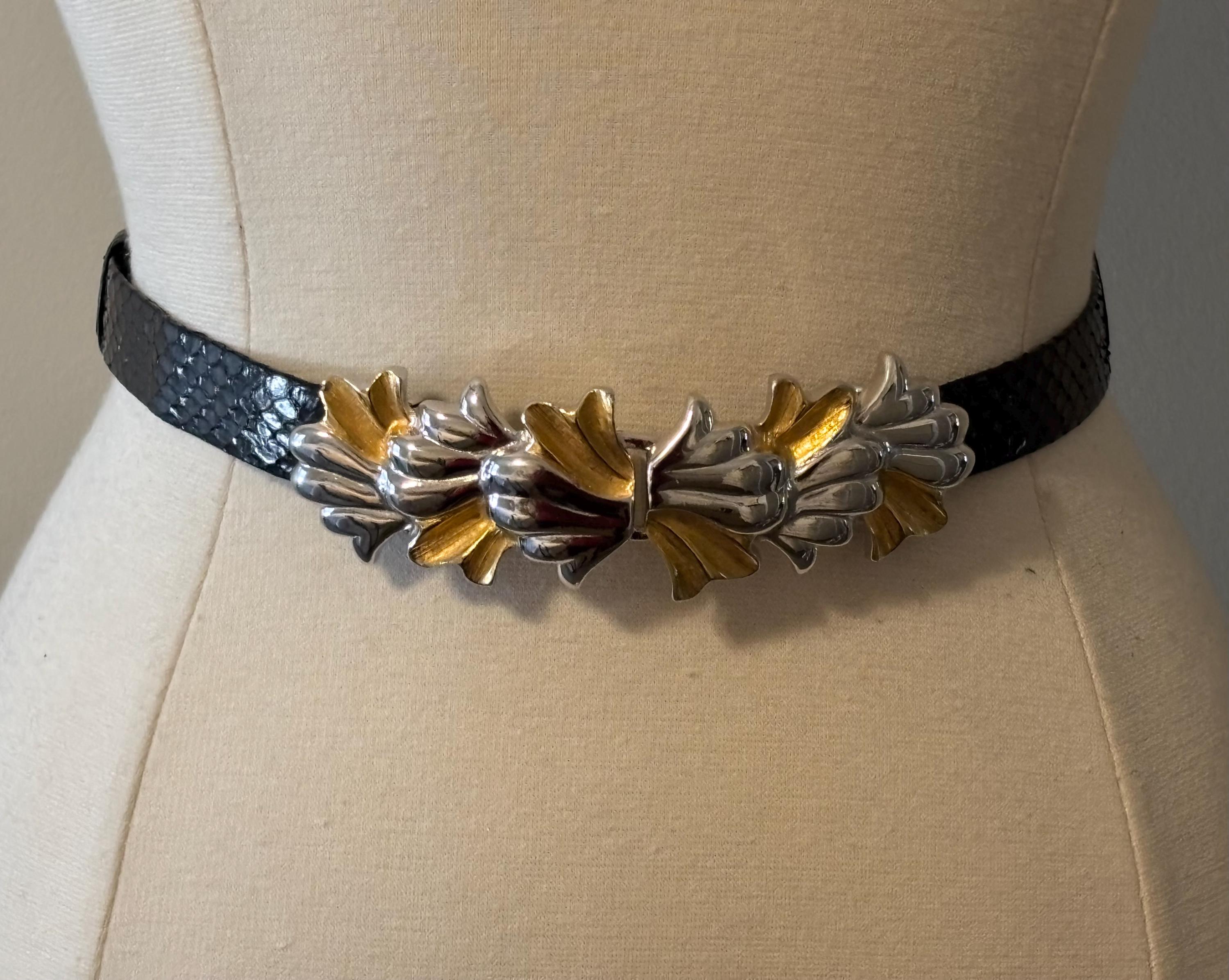 ALEXIS KIRK Signed 1980\'s Snakeskin Adjustable Belt Gold Buckle White Cabochons VTG 1980 main image 2