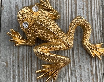 ST. JOHN Signed Beautiful Vintage 1990's Gold Frog Statement Brooch With Rhinestones