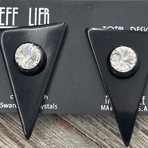 JEFF LIEB Signed 1990's NOS Triangular Modern Runway Black Lucite Clip Earrings With Rhinestones
