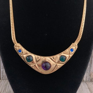 Amazing TRIFARI Signed Vintage 1990&#39;s  Gold Gripoix Collar Necklace With Multicolored Cabochons