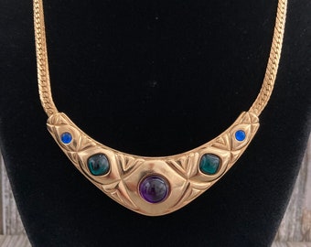 Amazing TRIFARI Signed Vintage 1990's  Gold Gripoix Collar Necklace With Multicolored Cabochons