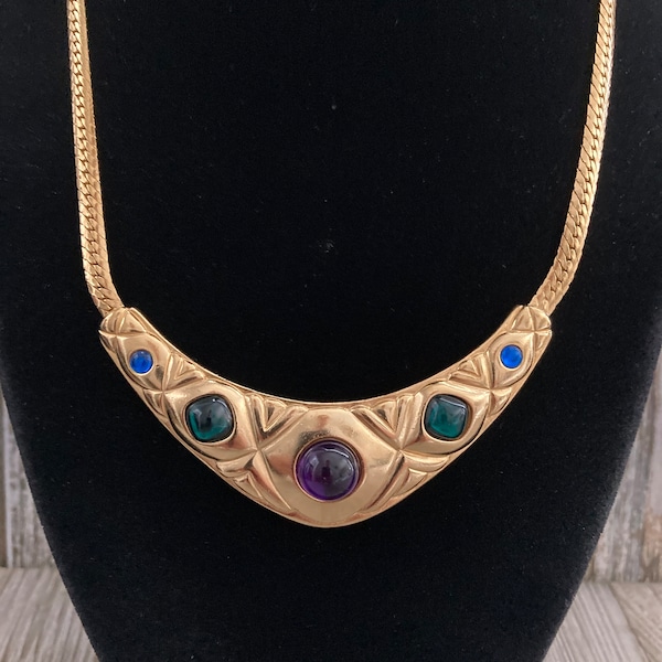 Amazing TRIFARI Signed Vintage 1990's  Gold Gripoix Collar Necklace With Multicolored Cabochons