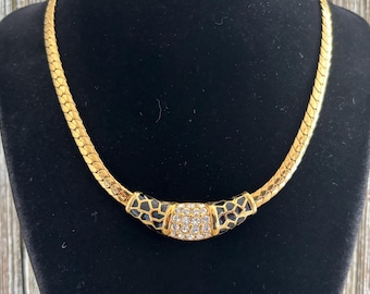 SWAROVSKI Signierte 90er Jahre Gold Schwarze Klassische Statement Halskette mit Strasssteinen