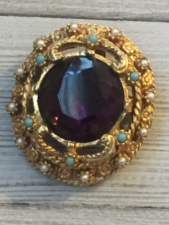 Vintage Gold Brooch With Purple, Turquoise And Pe… - image 2