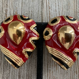 Gorgeous Vintage 1980's Gold, Red And Black Teardrop Shaped Modern Statement Clip earrings image 1