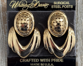 WHITING & DAVIS Signed Vintage 1980's Modern Gold Doorknocker Pierced Earrings