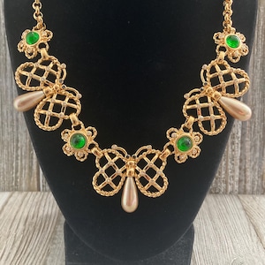 Magnificent  NINA RICCI 1980&#39;s-90&#39;s NOS Gold Statement Necklace With Green Glass Cabochons And Faux Pearls