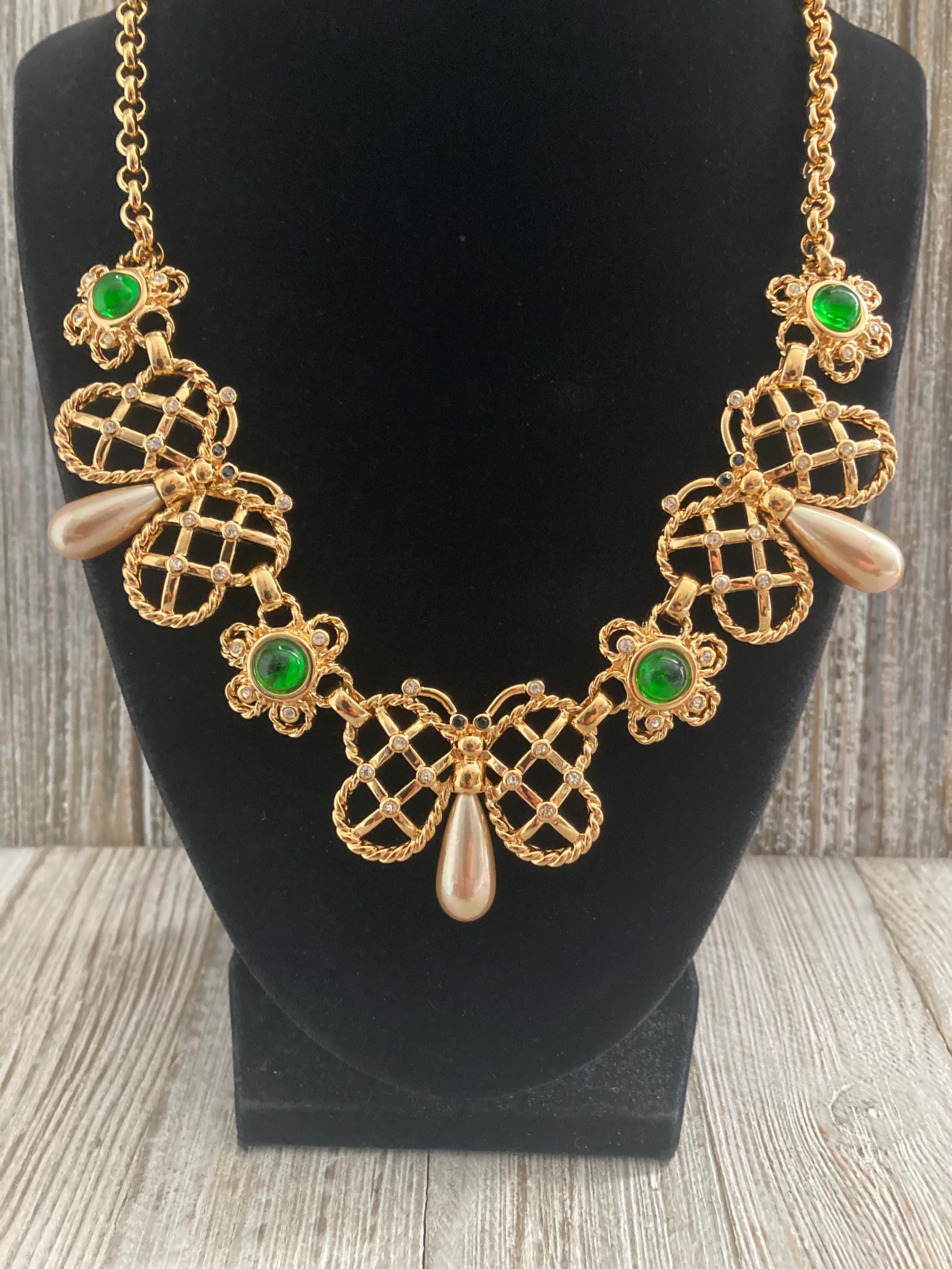 Magnificent  NINA RICCI 1980's-90's NOS Gold Statement Necklace With Green Glass Cabochons And Faux Pearls